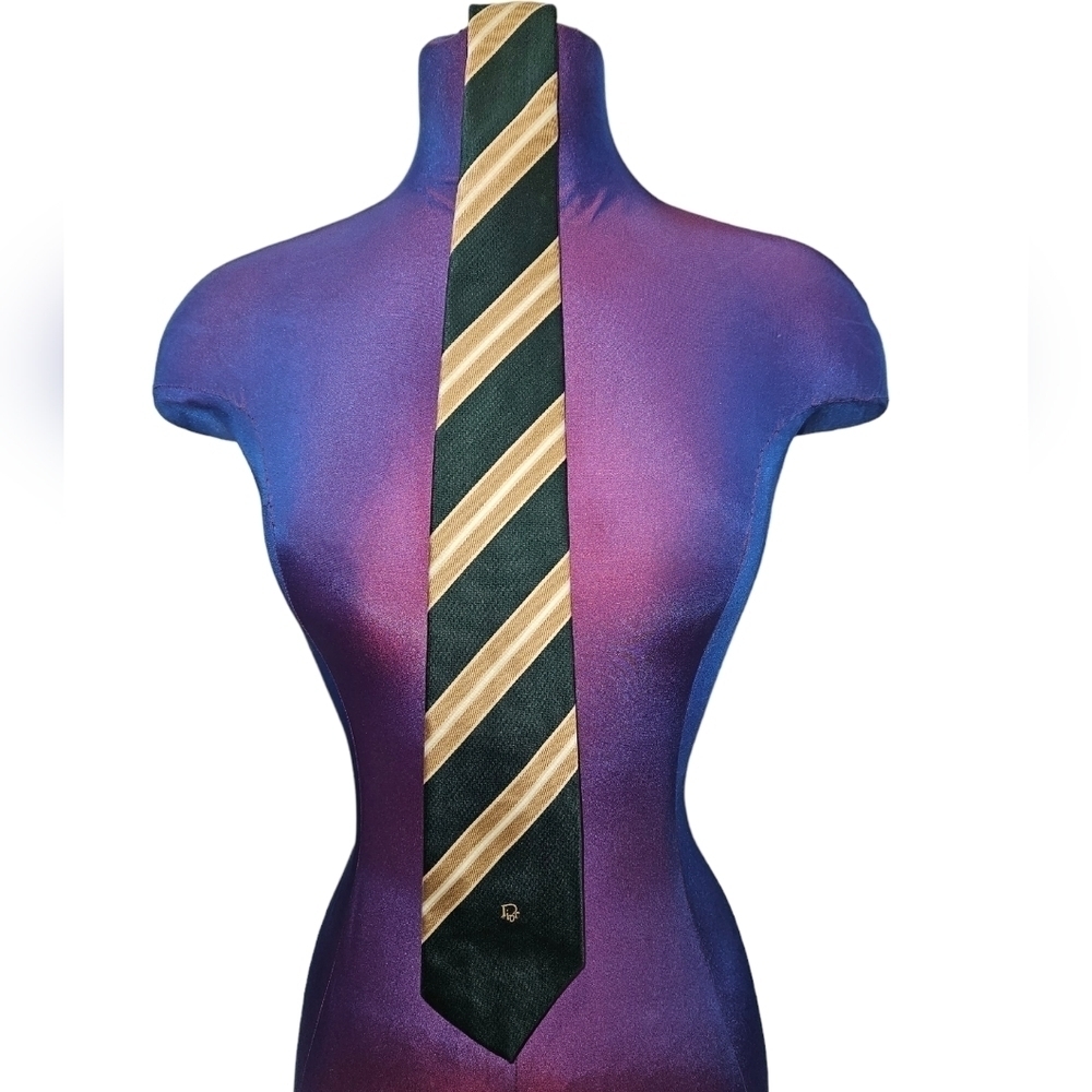 Vintage Christian Dior Dark Green & Gold Split Stripe Neck Tie Men's - Picture 1 of 10